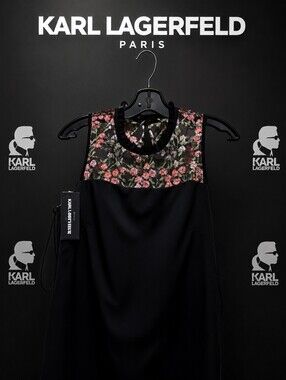 Karl Lagerfeld Black Dress with Pink and Green Floral Lace Yoke